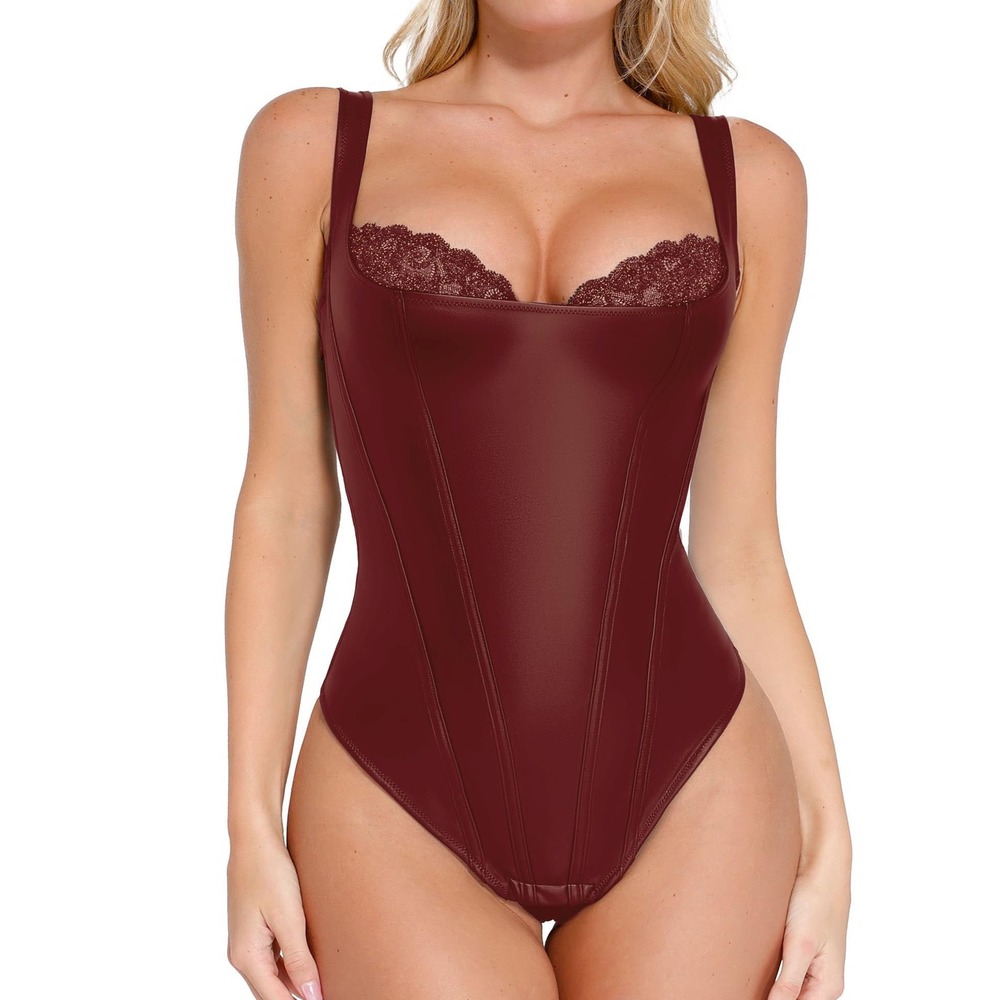 NWT Popilush Faux Leather Corset Bodysuit Deep Red Lace Tummy Control Shaper Med